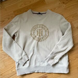 Tommy Hilfiger Cream Crewneck Sweatshirt Gold Logo Embroidered Size Small